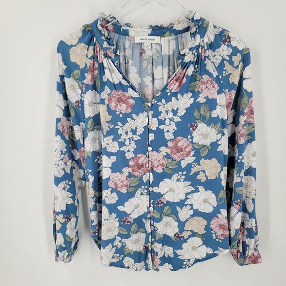 Alex & Jordan Blouse Womens Small Floral Blue Ruffle V Neck - Picture 5 of 10
